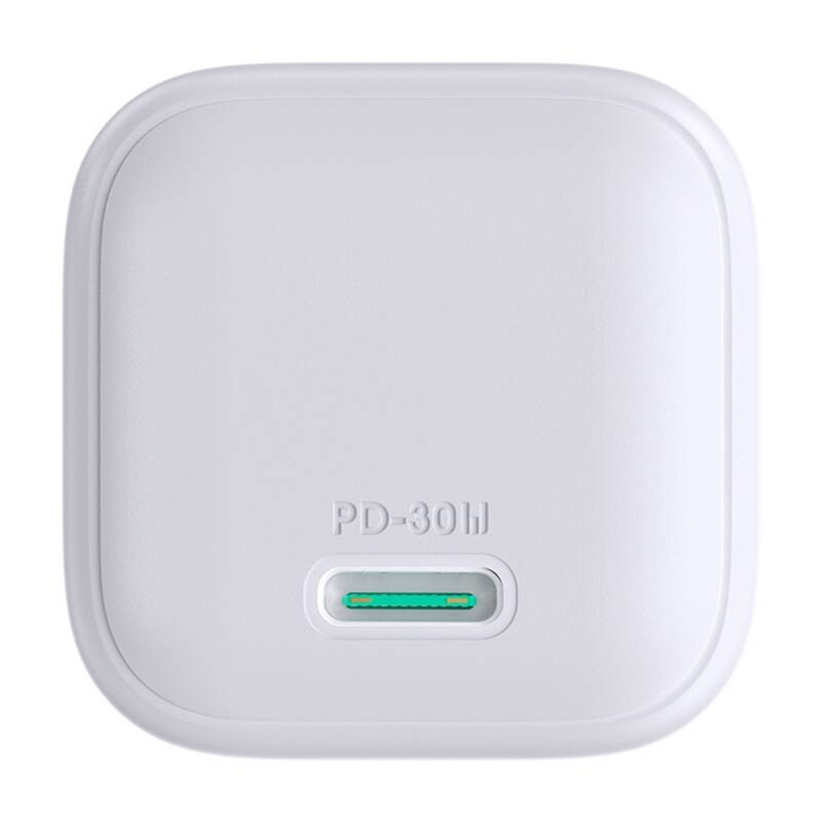 Widok z góry na białą ładowarkę USB PD-30W na białym tle, pokazującą port.