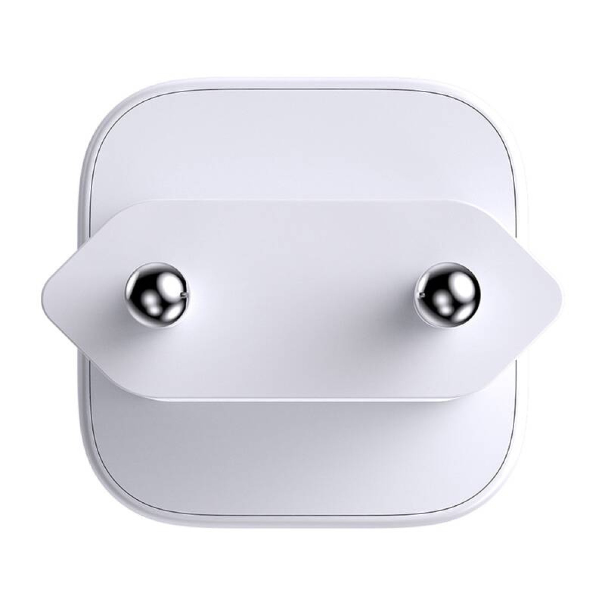 Biała ładowarka USB ze składaną wtyczką, widziana z góry na białym tle.