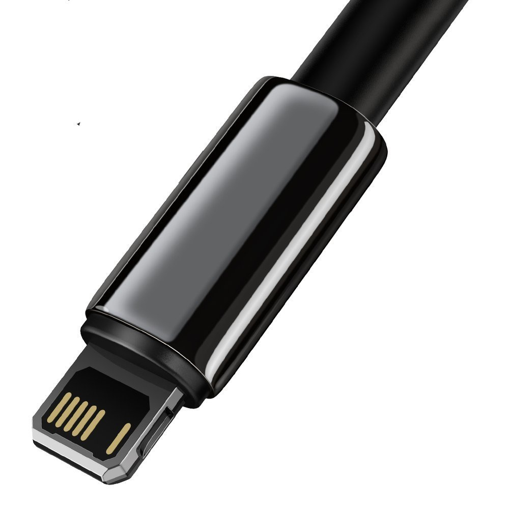 Zbliżenie czarnego złącza Lightning ze złotymi pinami na białym tle.