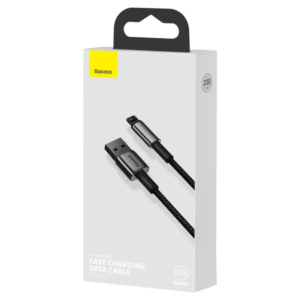 Pudełko prezentujące kabel do szybkiego ładowania danych Baseus Tungsten Gold, USB do Lightning, na białym tle.