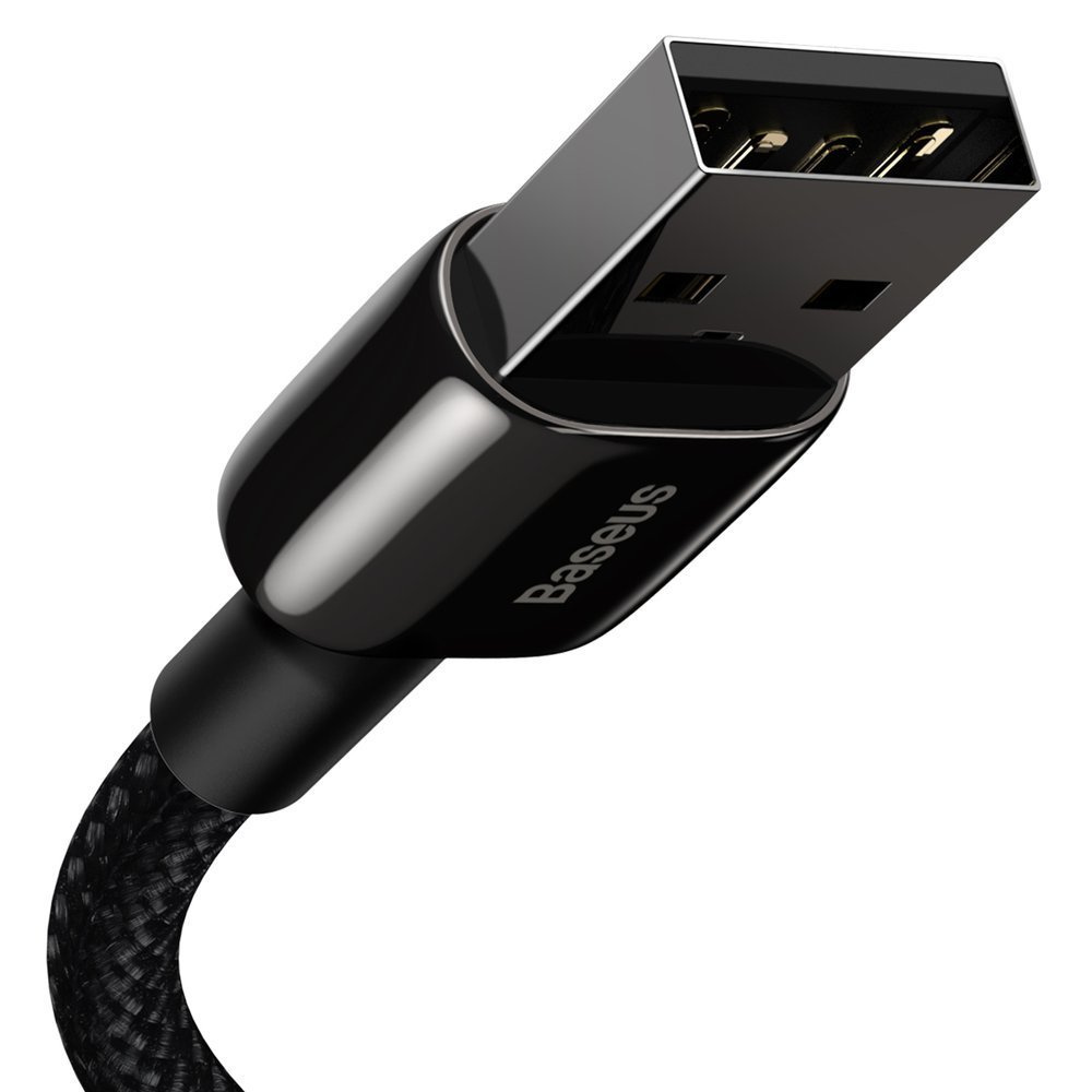 Obraz przedstawia czarny kabel USB Baseus na białym tle.