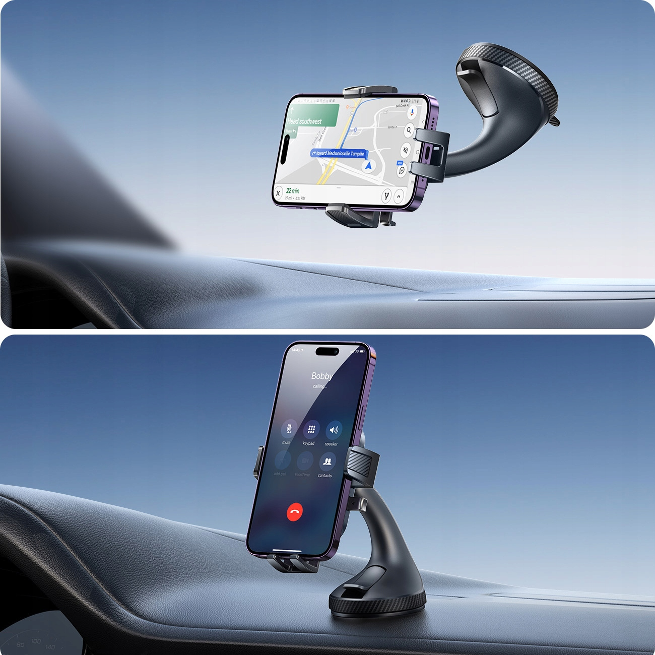 Uchwyt samochodowy trzymający telefon wyświetlający ekran połączenia na tle nieba.