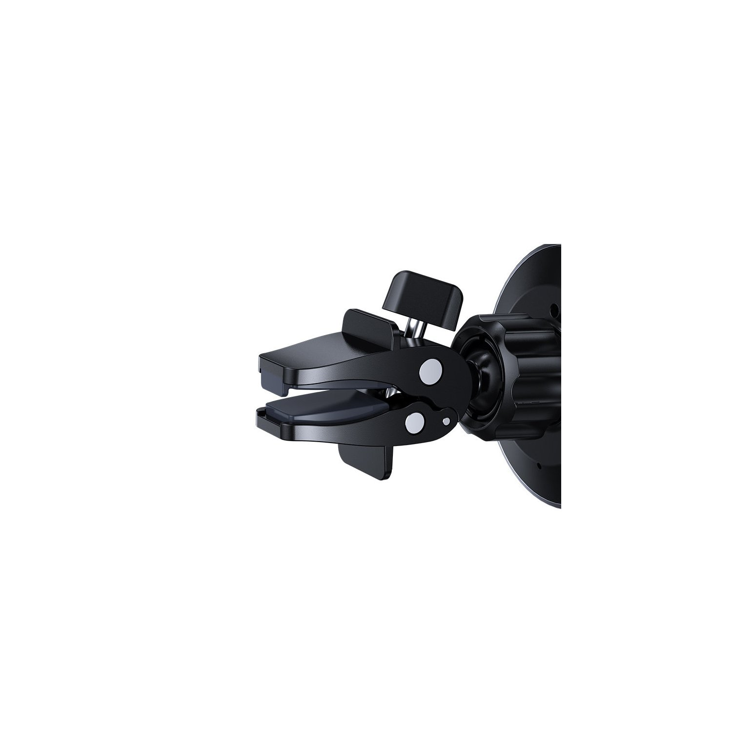 Zbliżenie czarnego uchwytu na telefon z regulowanym klipsem na białym tle.