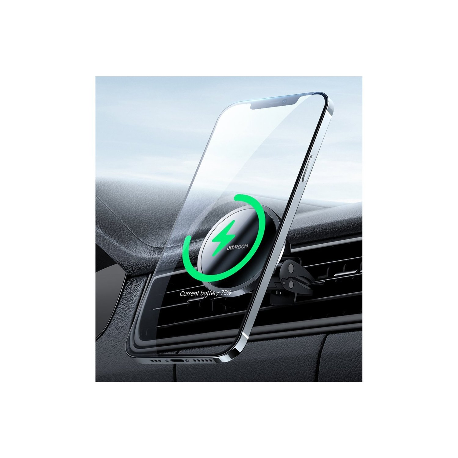 Telefon zamontowany na kratce wentylacyjnej samochodu, wyświetlający animację ładowania, na rozmytym tle.