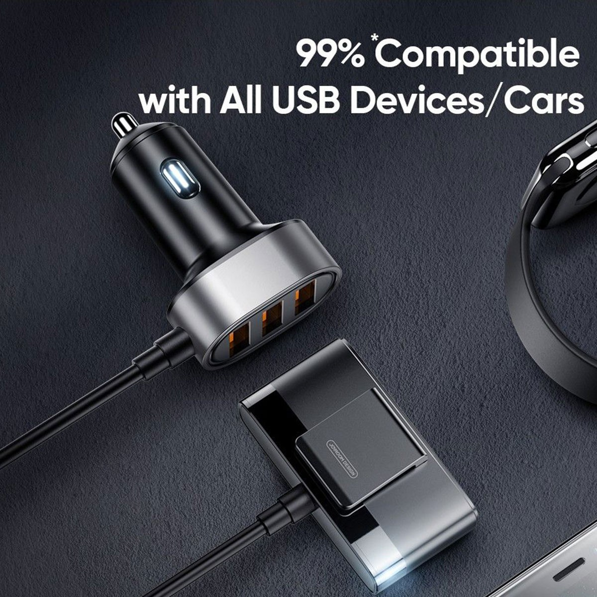 Wieloportowa ładowarka samochodowa USB w kolorze szarym i czarnym, kompatybilna z różnymi urządzeniami USB i samochodami.