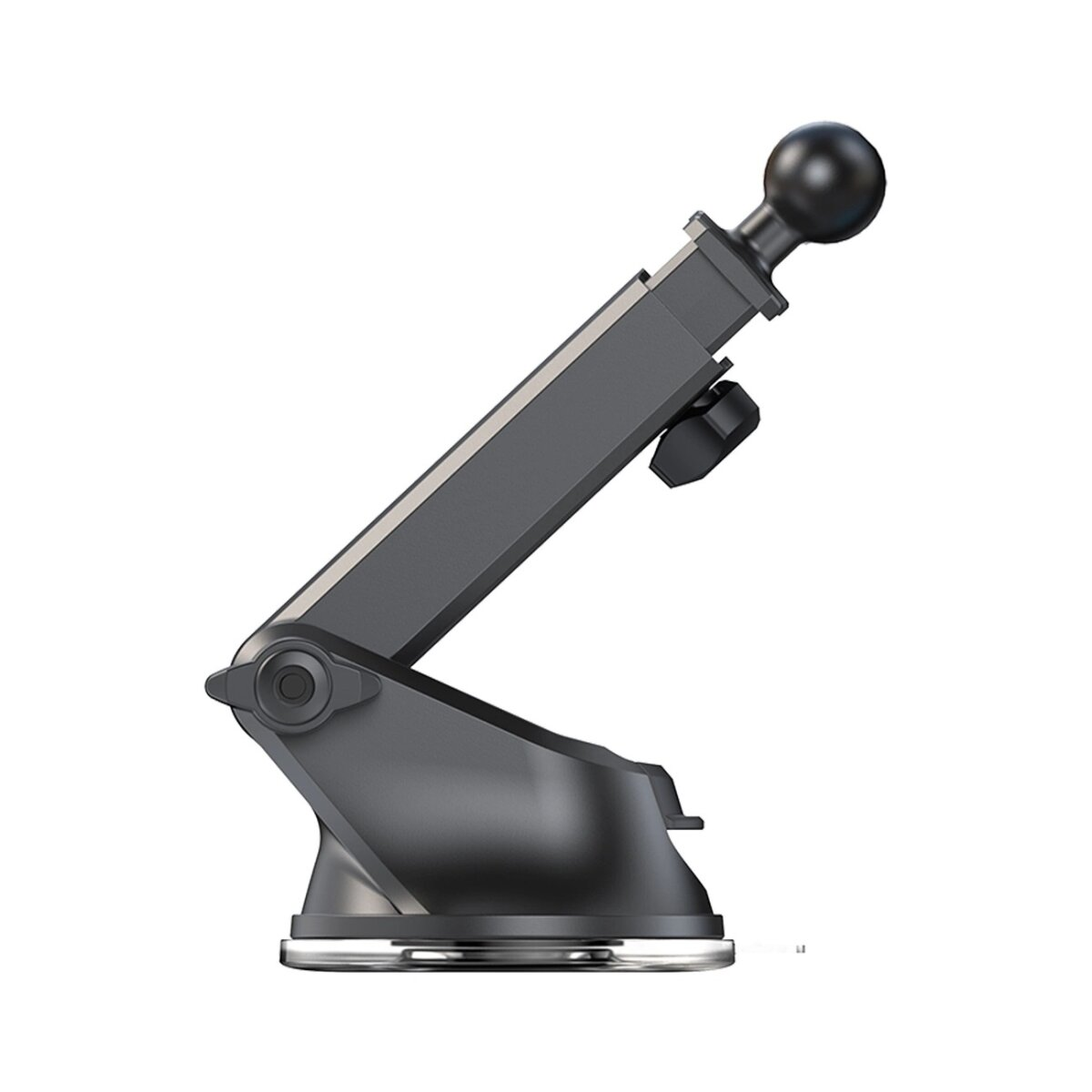 Szary samochodowy uchwyt na telefon z przyssawką na białym tle.