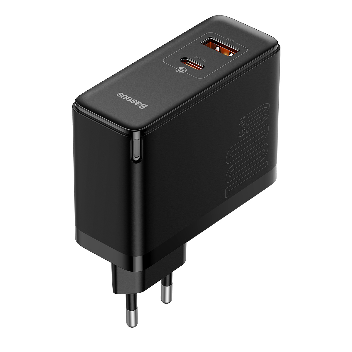 Pokazana jest czarna ładowarka Baseus 100W GaN z portami Type-C i USB.