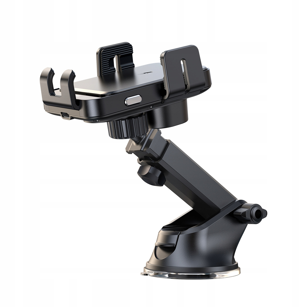 Czarny samochodowy uchwyt na telefon ma podstawę z przyssawką, regulowane ramię i uchwyt na telefon, co zapewnia bezpieczne i wygodne użytkowanie.