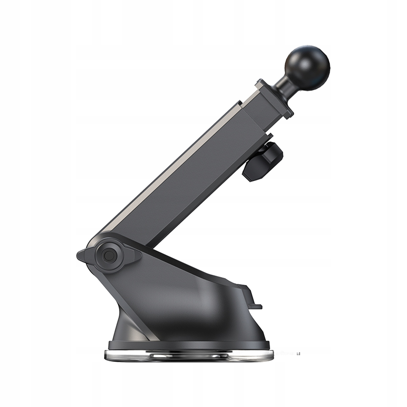 Czarny samochodowy uchwyt na telefon z podstawą z przyssawką, regulowanym ramieniem i przegubem kulowym dla elastycznego pozycjonowania.