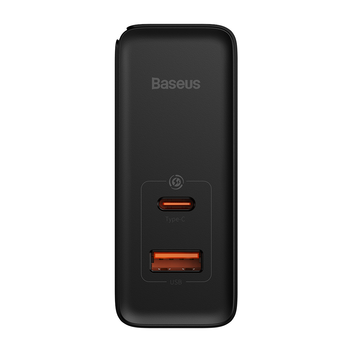 Czarna ładowarka Baseus z portami USB-C i USB, przeznaczona do szybkiego ładowania urządzeń elektronicznych.