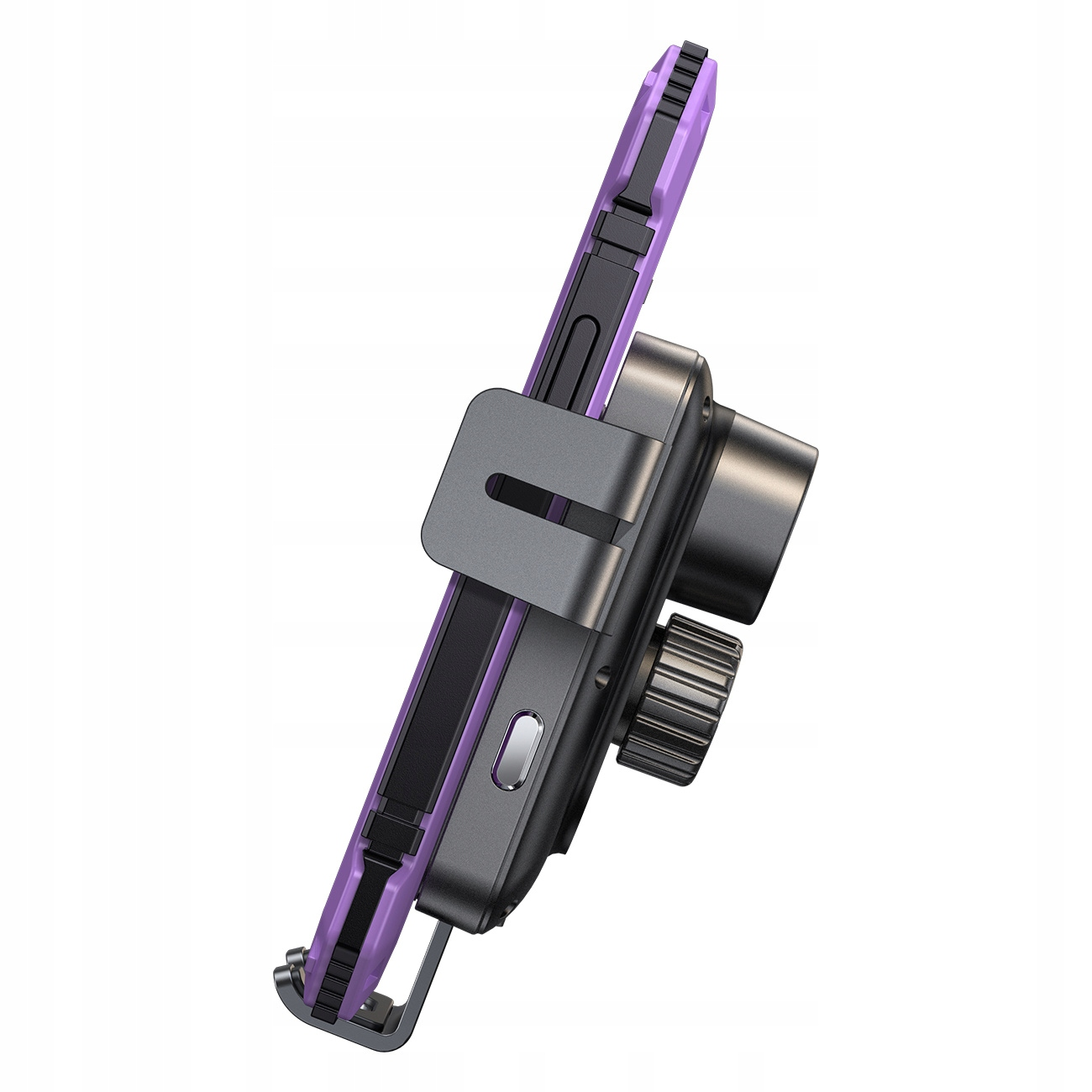 Uchwyt na telefon z fioletową krawędzią bezpiecznie trzyma urządzenie. Jest zamontowany na czarnej, regulowanej podstawie obrotowej.