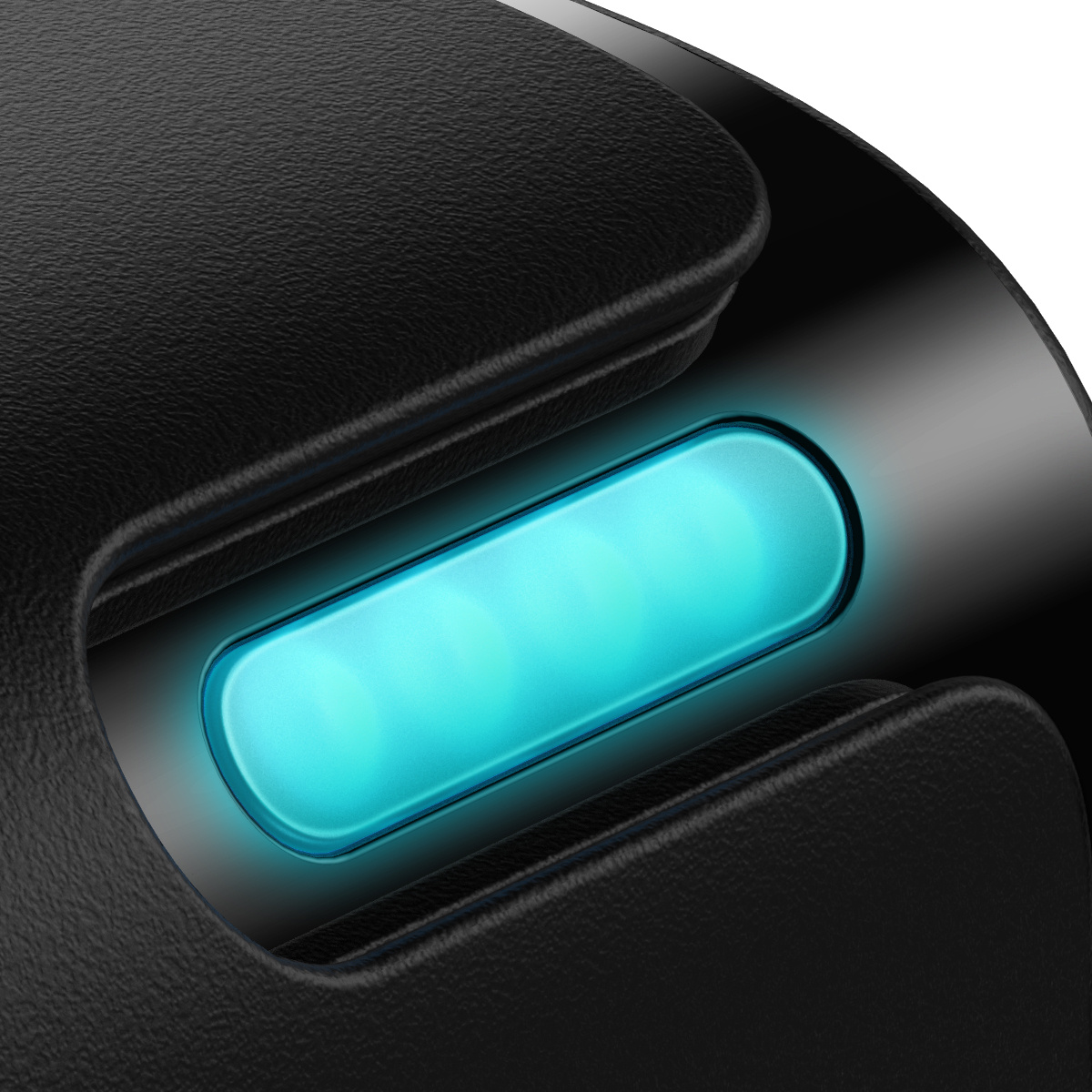 Zbliżenie czarnej, teksturowanej powierzchni ze świecącym niebieskim paskiem świetlnym pośrodku.