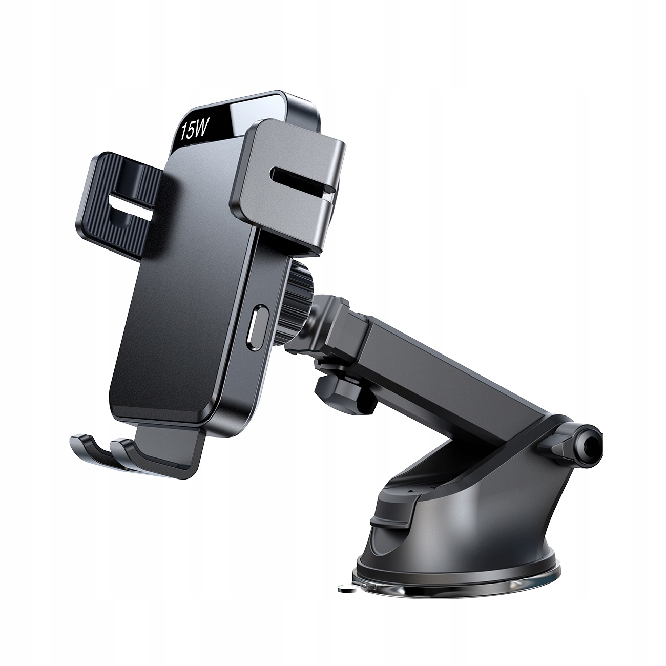 Czarny uchwyt samochodowy do telefonu 15 W jest wyświetlany na białym tle.