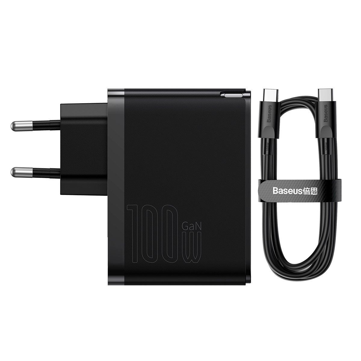 Ładowarka GaN 100 W i kabel USB-C z paskiem Baseus na białym tle.