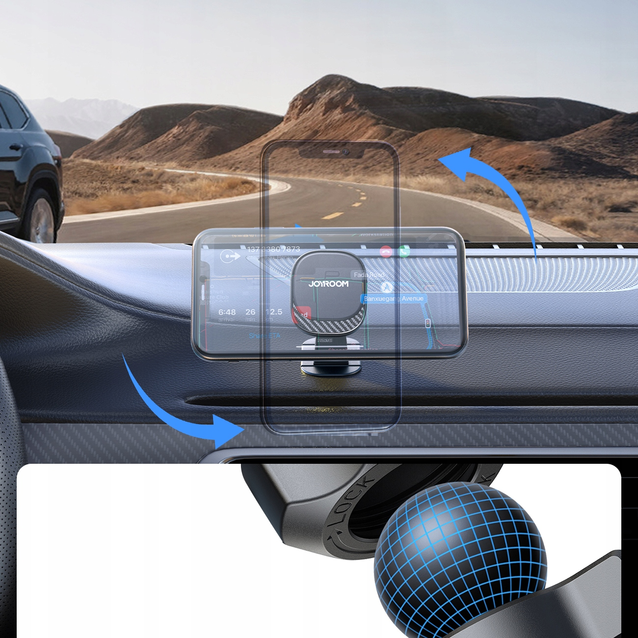 Telefon jest zamontowany na desce rozdzielczej za pomocą magnetycznego uchwytu Joyroom. Widoczna jest deska rozdzielcza samochodu.