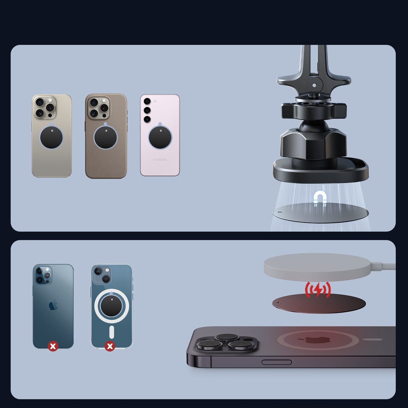 Ilustracje pokazują kompatybilność magnetycznego uchwytu na telefon; czerwone krzyżyki oznaczają niekompatybilne telefony.
