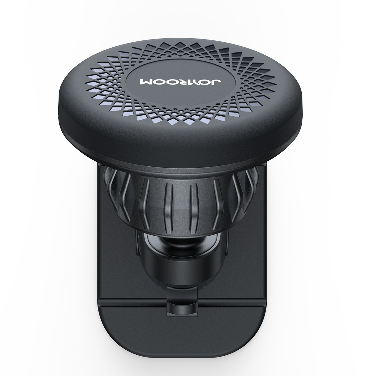 Czarny uchwyt samochodowy na telefon z podstawą przyssawkową jest pokazany, odizolowany na białym tle, widziany z góry.