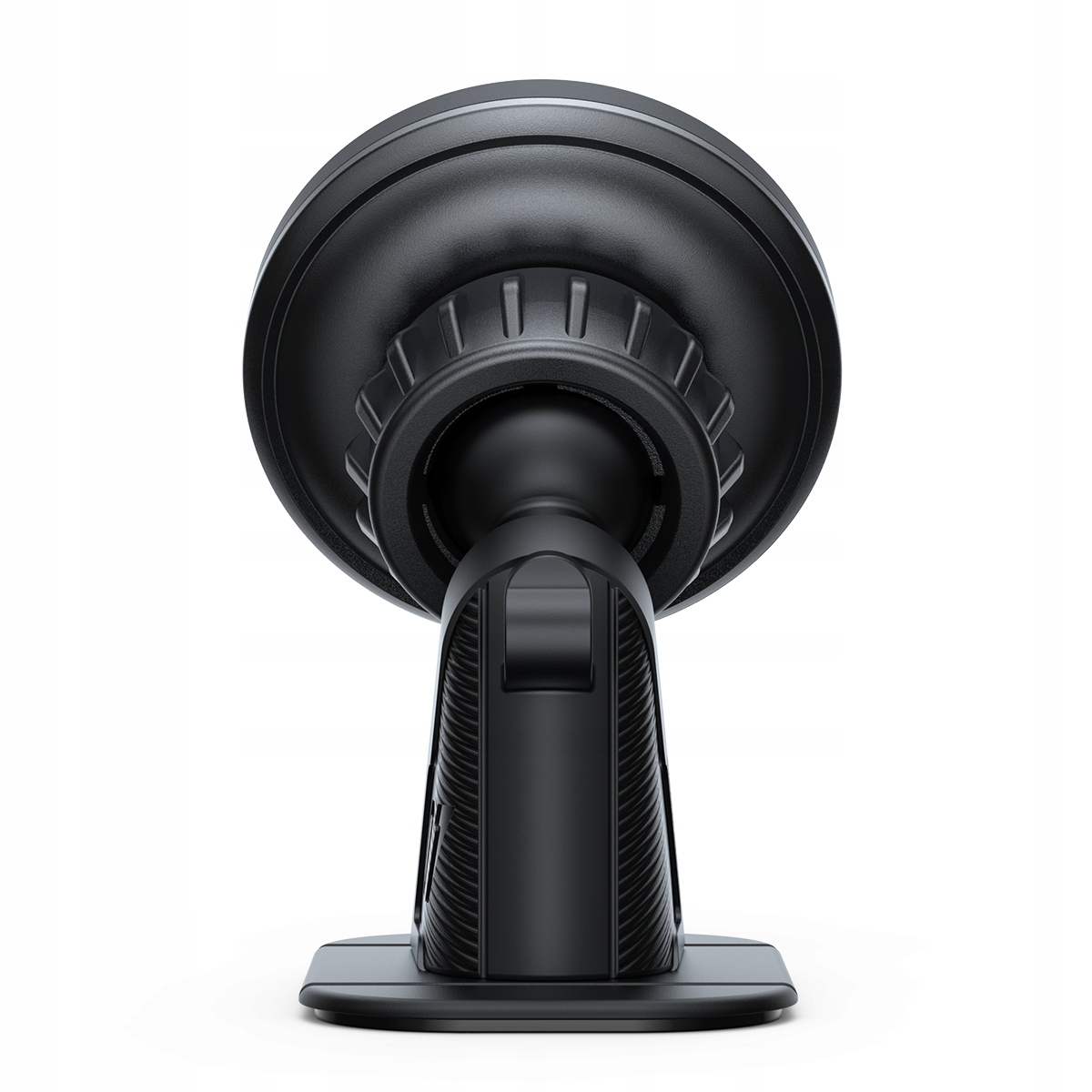 Czarny uchwyt samochodowy na telefon z podstawą przyssawkową jest wyświetlany na białym tle, widziany od tyłu.