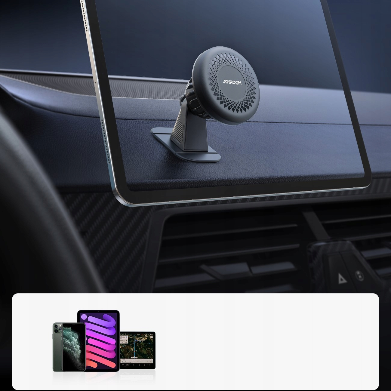 Magnetyczny uchwyt na telefon Joyroom zabezpiecza tablet we wnętrzu samochodu.