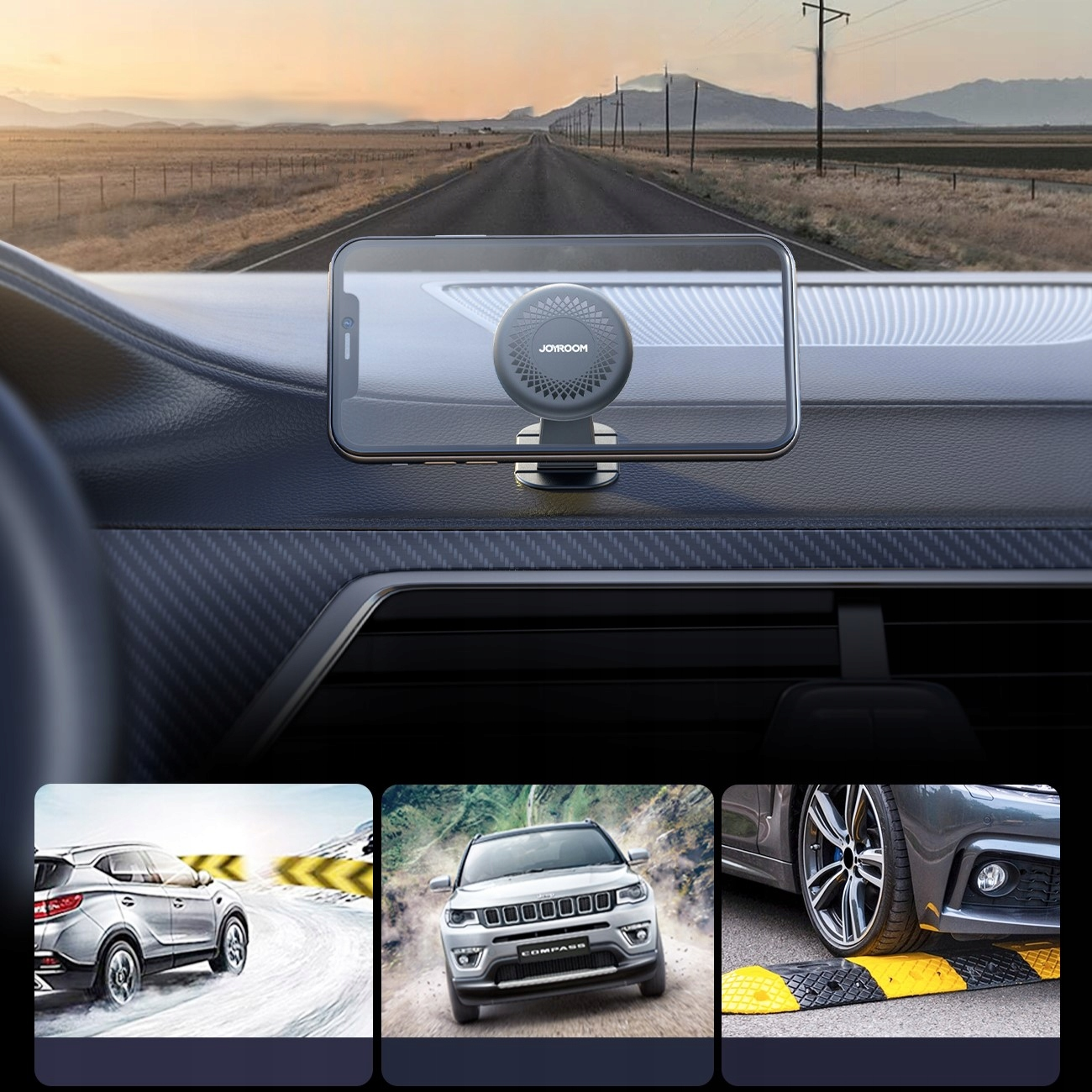 Magnetyczny uchwyt na telefon Joyroom trzyma telefon na desce rozdzielczej samochodu.