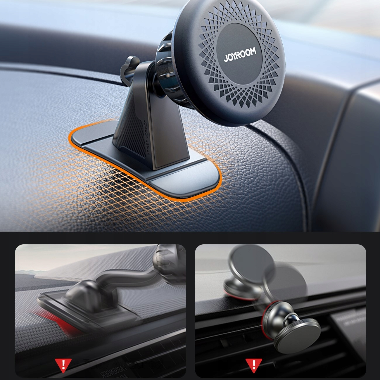 Uchwyt na telefon Joyroom jest wyświetlany na desce rozdzielczej samochodu z pomarańczowym światłem.