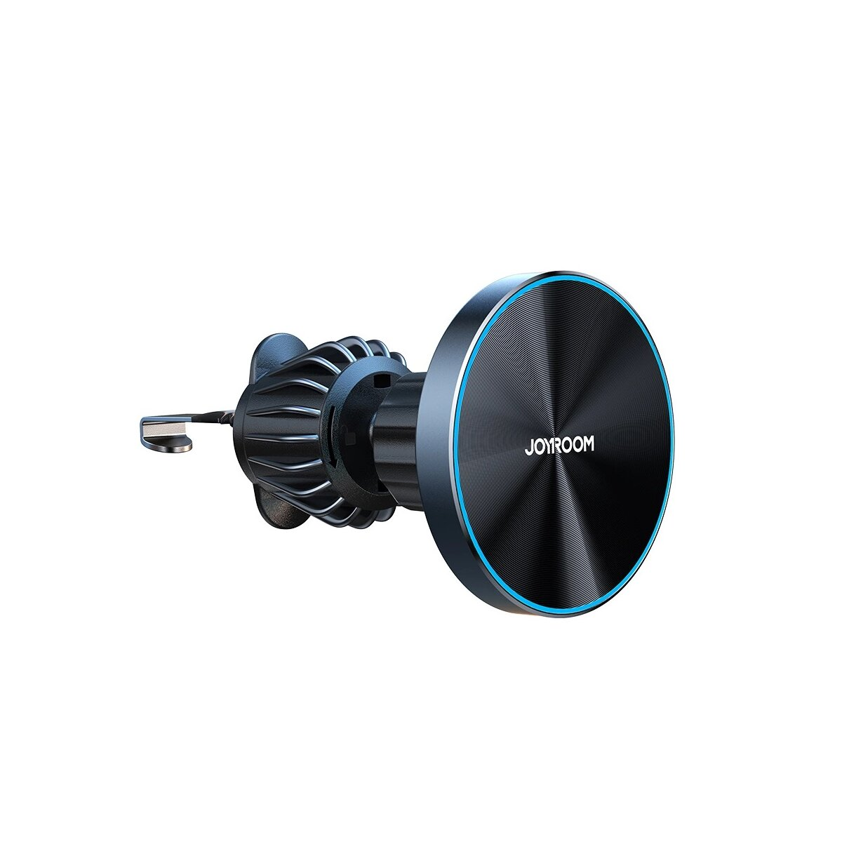 Okrągły, czarny uchwyt na telefon Joyroom z niebieską krawędzią jest wyświetlany na białym tle.
