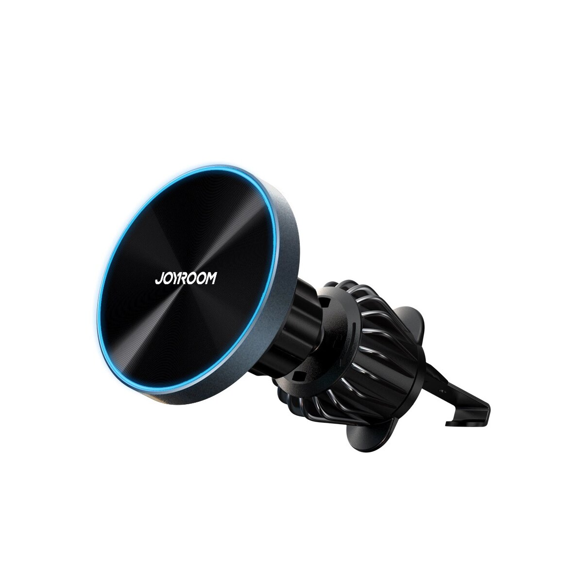 Czarny magnetyczny uchwyt samochodowy do telefonu JOYROOM z niebieskim pierścieniem. Stoi na białym tle.