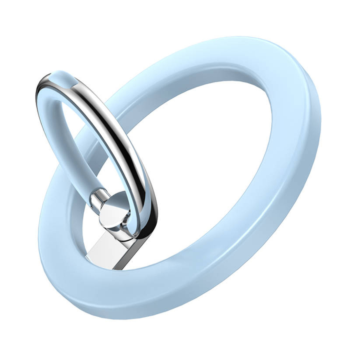 Wyświetlany jest jasno-niebieski uchwyt na pierścień do telefonu ze srebrnym obrotowym środkiem.