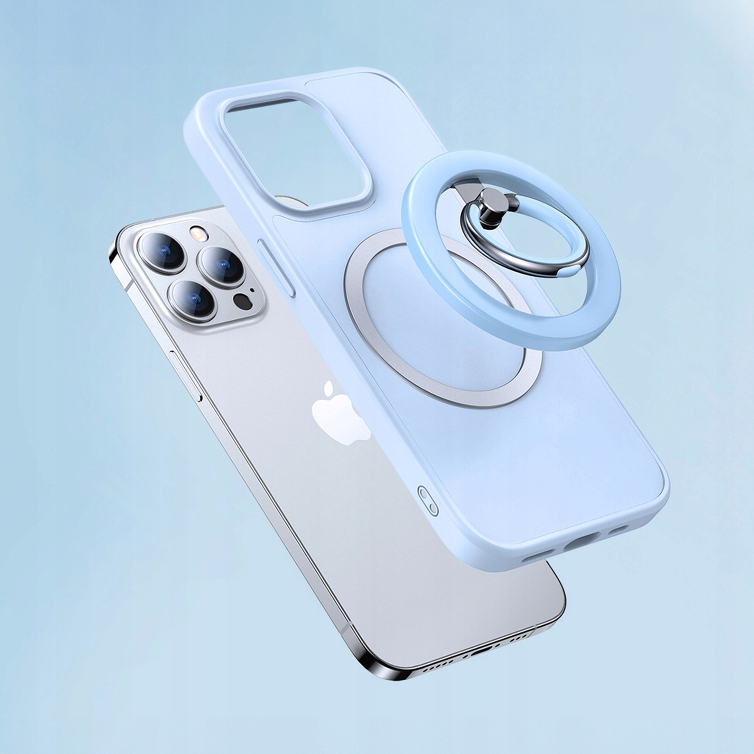 Jasnoniebieski uchwyt na pierścień jest przymocowany do srebrnego iPhone'a w przezroczystym niebieskim etui.