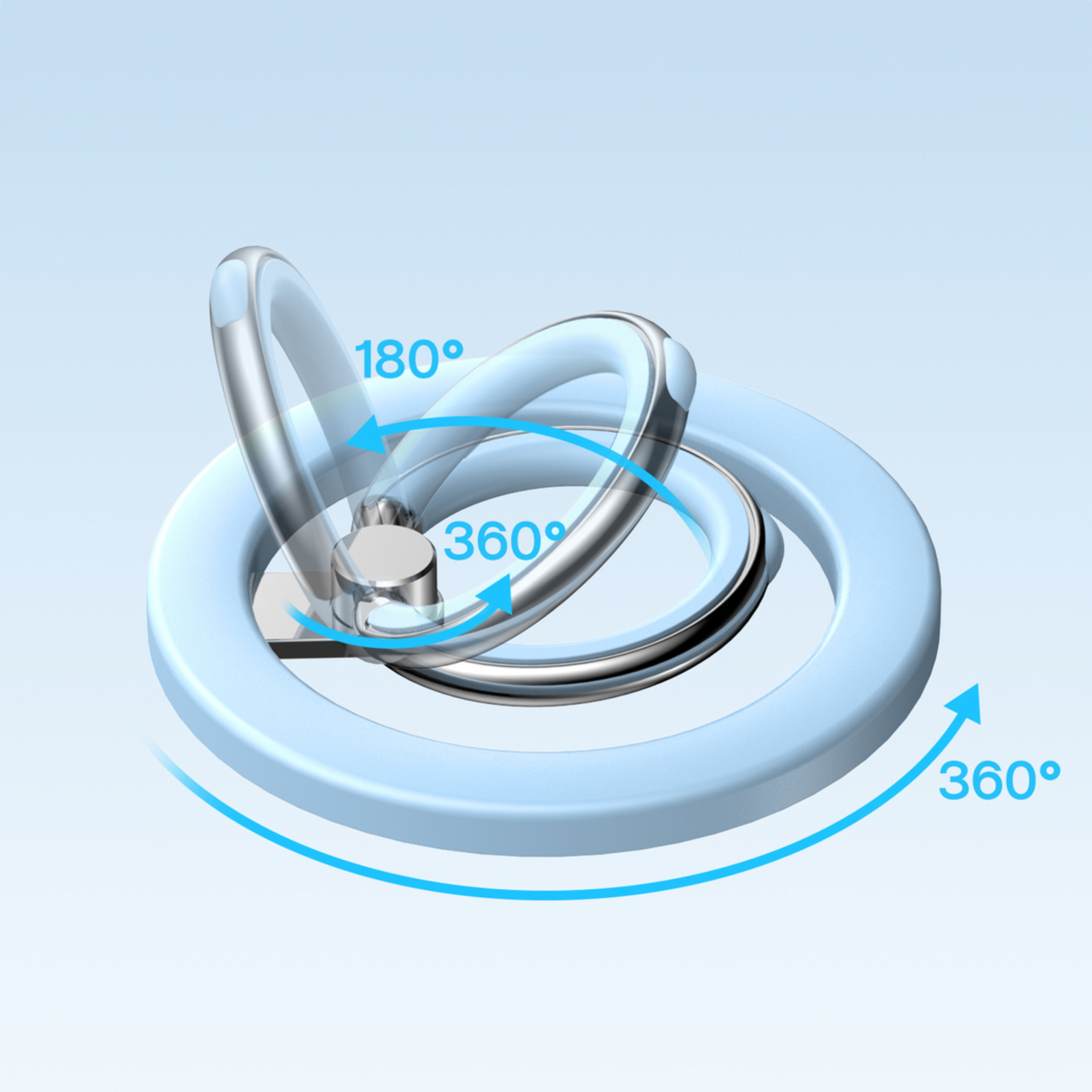 Wyświetlany jest jasno-niebieski uchwyt na pierścień do telefonu z kątami obrotu.