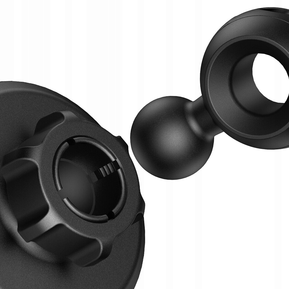 Zbliżenie czarnego uchwytu samochodowego do telefonu pokazującego przegub kulowy i regulowane pokrętło na białym tle.