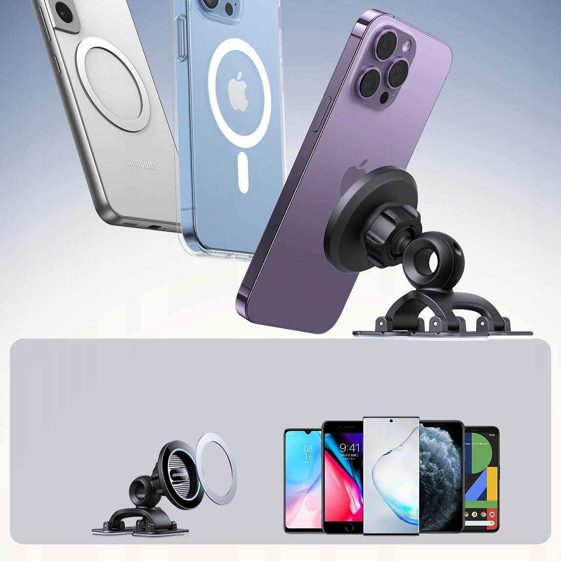 Uchwyt samochodowy do telefonu trzymający trzy telefony na tle gradientu, prezentujący kompatybilność z urządzeniami.