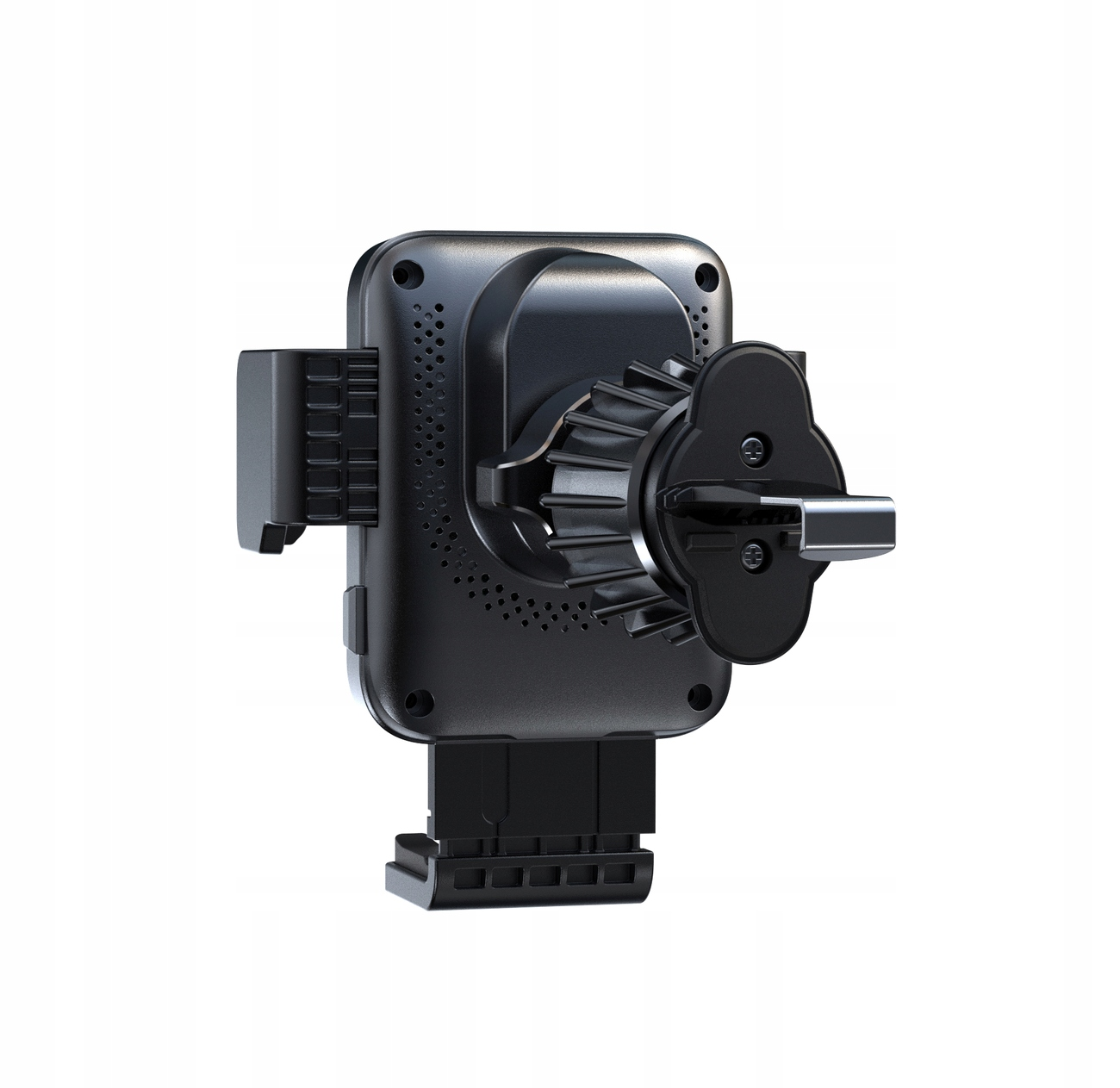 Czarny uchwyt samochodowy do telefonu z regulowaną podstawą i mocowaniem do kratki wentylacyjnej. Odizolowany na białym tle, prezentujący wygląd.