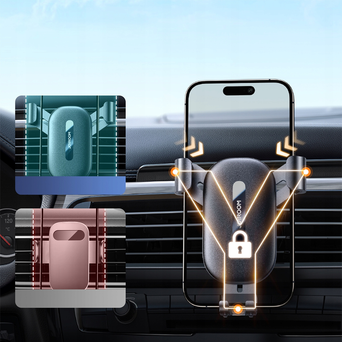 Uchwyt samochodowy do telefonu na kratkę wentylacyjną chwyta telefon. Wstawki pokazują opcje kolorystyczne. Przez przednią szybę widać błękitne niebo.