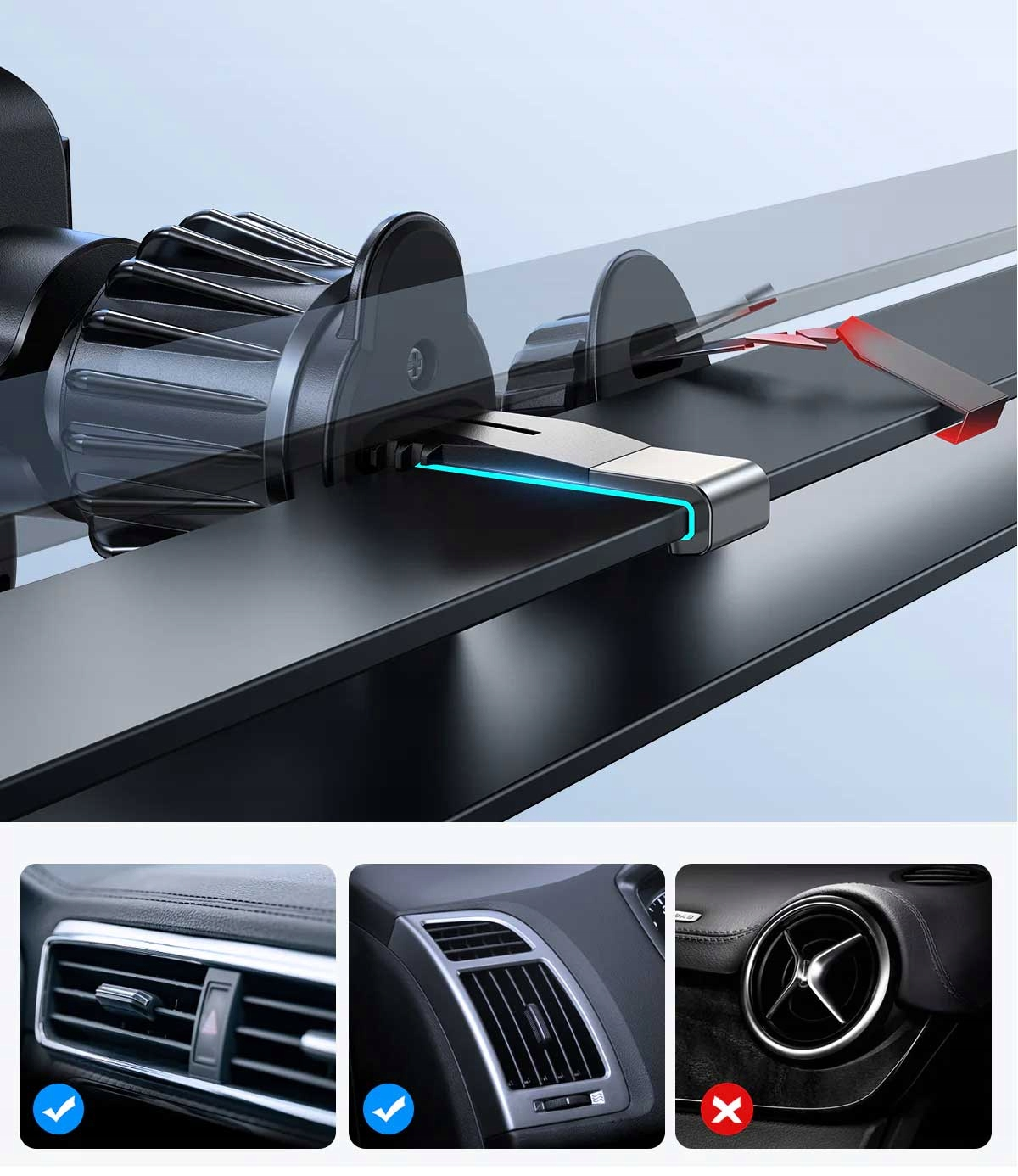 Zbliżenie uchwytu na telefon przymocowanego do kratki wentylacyjnej samochodu, z diagramami wskazującymi kompatybilne typy kratek wentylacyjnych.