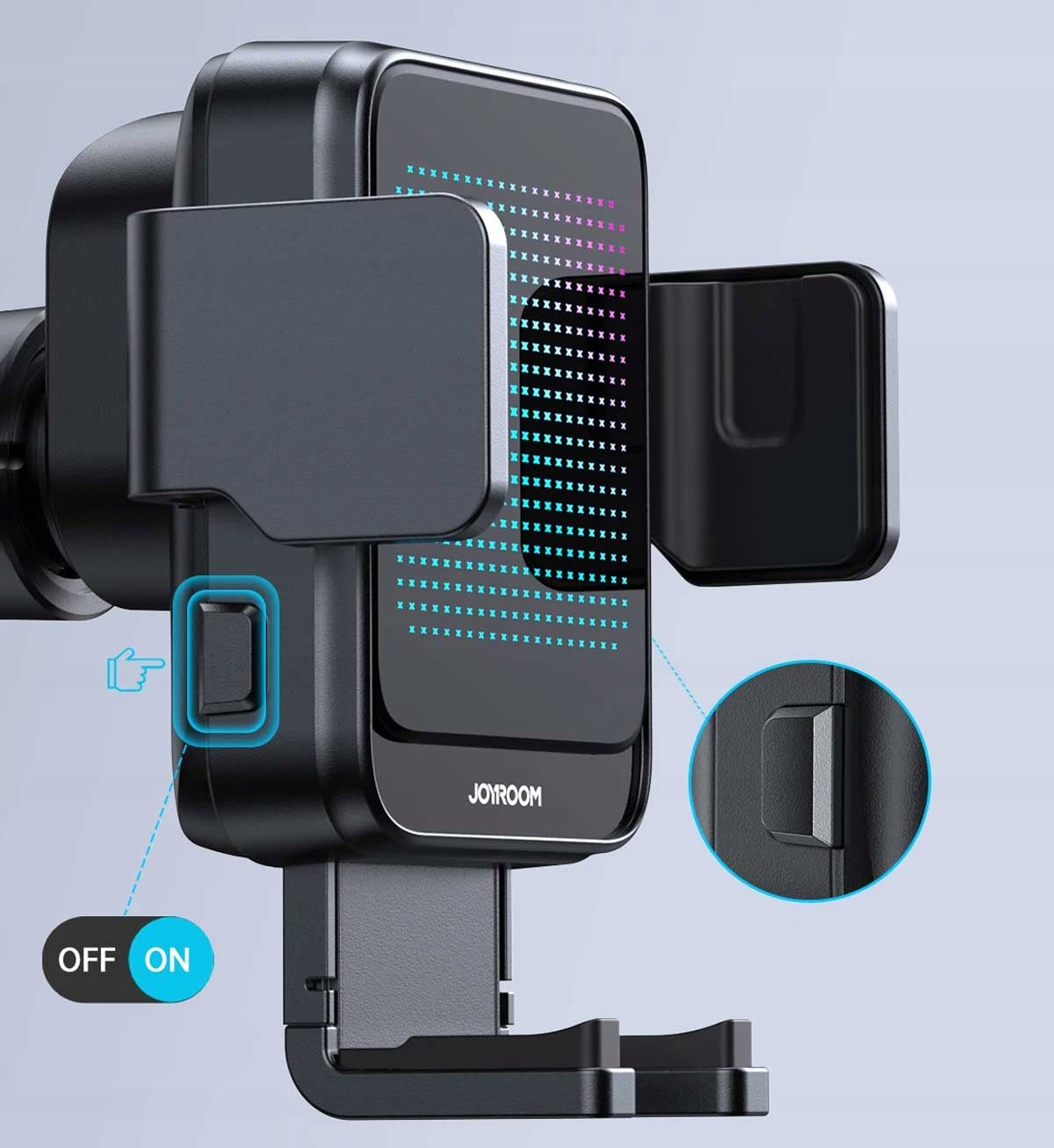 Zbliżenie uchwytu samochodowego do telefonu z wymiarami i ikoną dłoni wskazującą na przycisk. Jest odizolowany na białym tle.