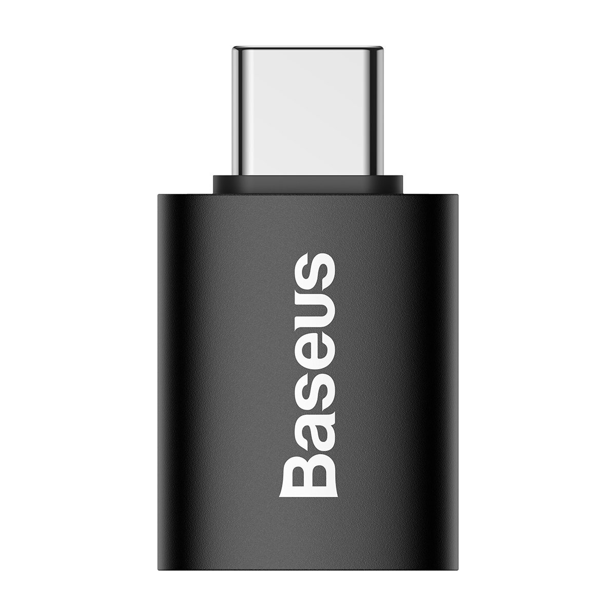 Un adaptateur noir Baseus USB-C avec un connecteur USB-C argenté.