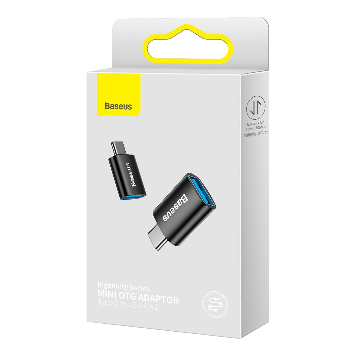 Une boîte d'adaptateur Mini OTG Baseus avec deux adaptateurs est affichée.
