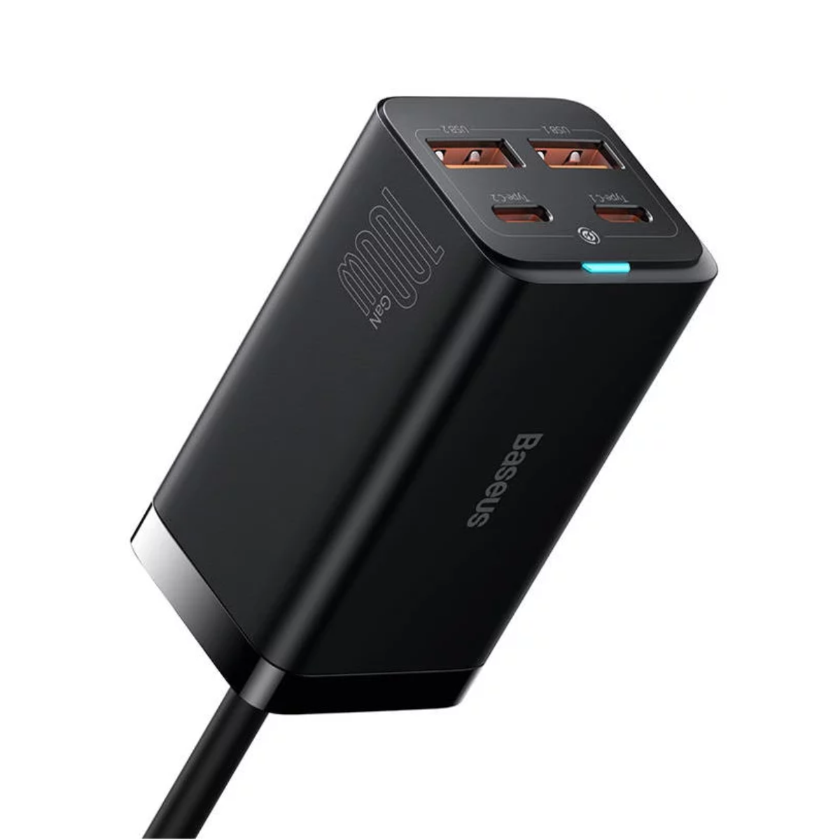 Obraz przedstawia ładowarkę Baseus 100W GaN z wieloma portami, podkreślając jej kompaktową konstrukcję zapewniającą wydajne ładowanie.