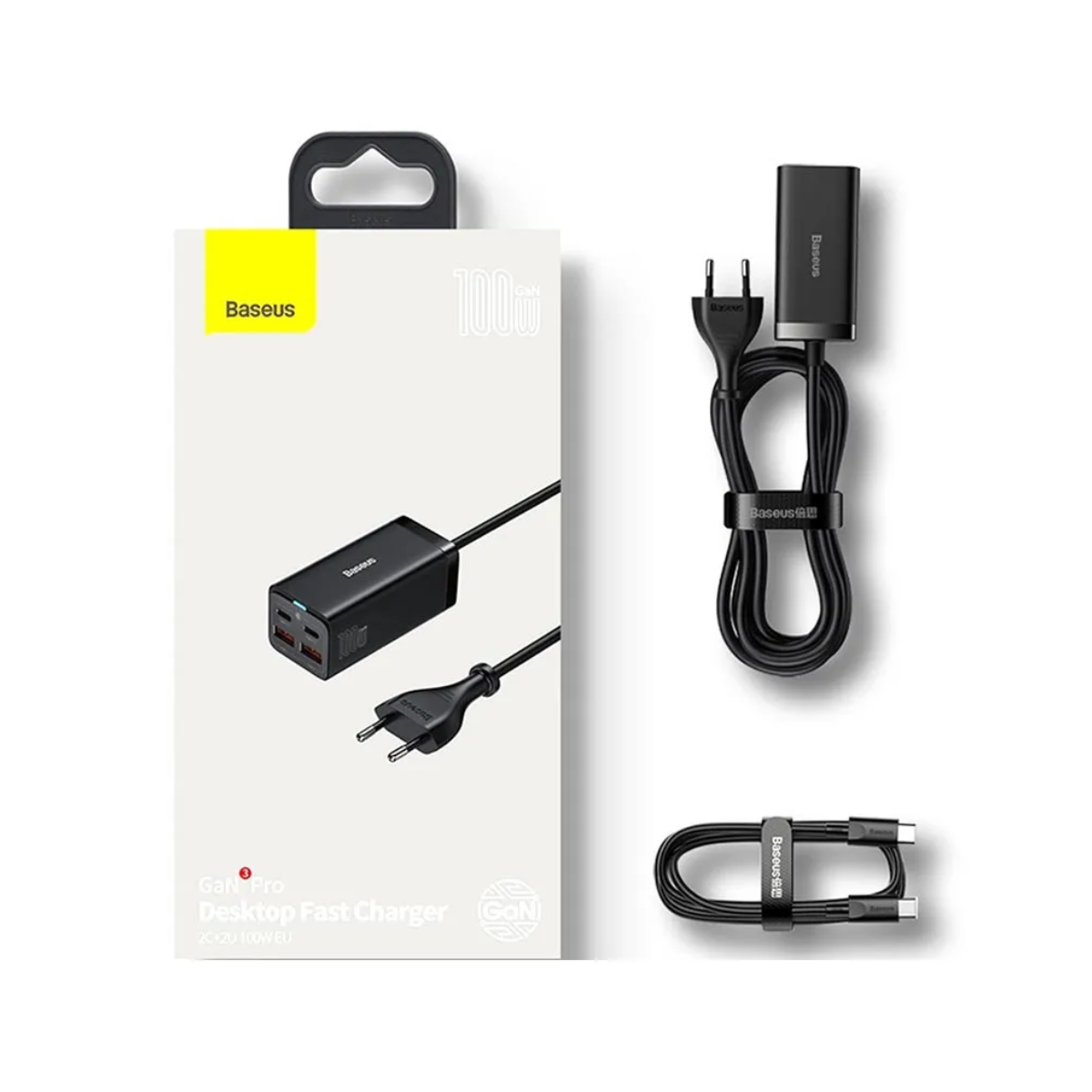 Obraz przedstawia szybką ładowarkę biurkową Baseus 100W GaN w opakowaniu detalicznym, podkreślając jej funkcje i wygląd.