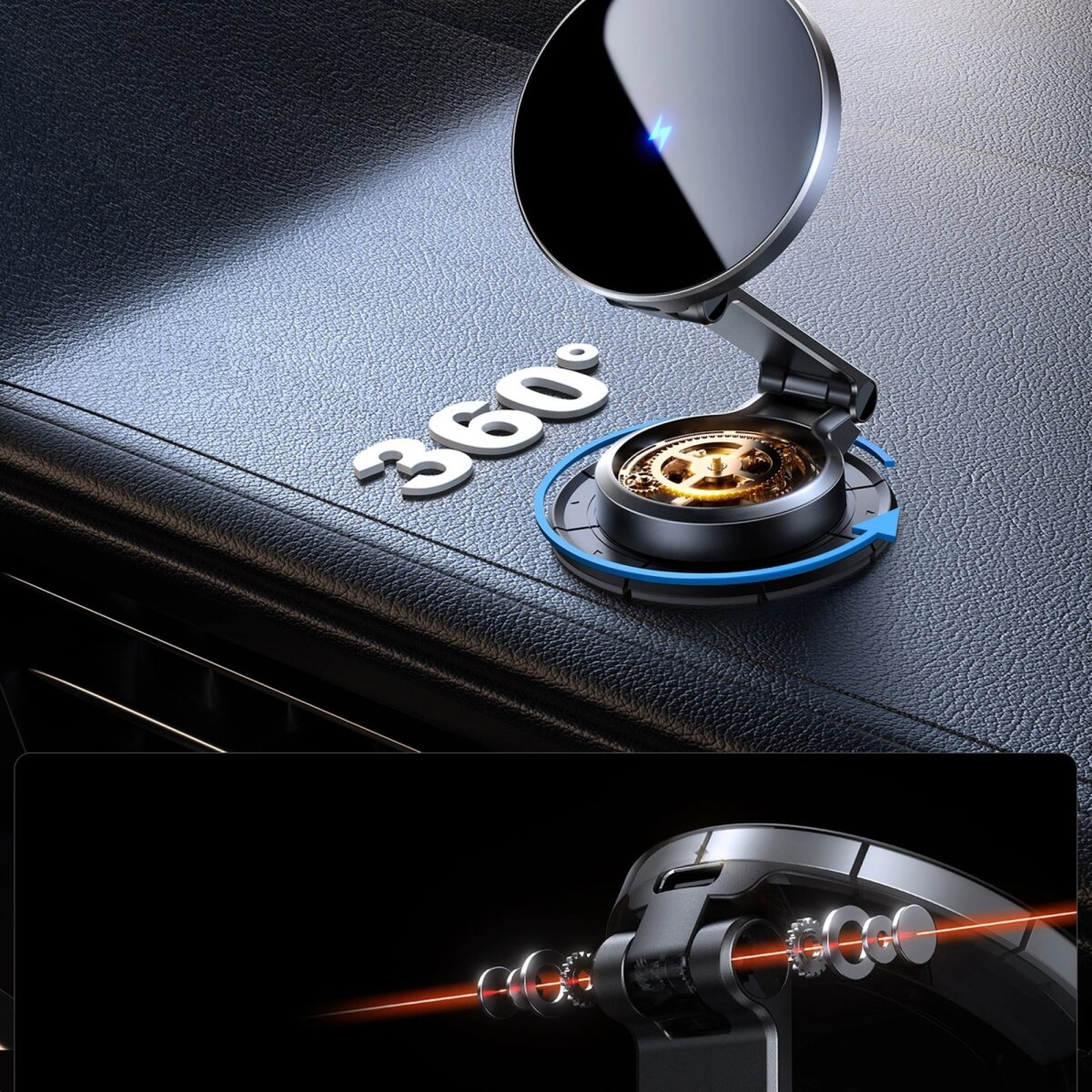 Obraz przedstawia bezprzewodową ładowarkę Baseus z mechanizmem obrotowym, podkreślając jej regulowane funkcje zapewniające optymalne kąty widzenia.