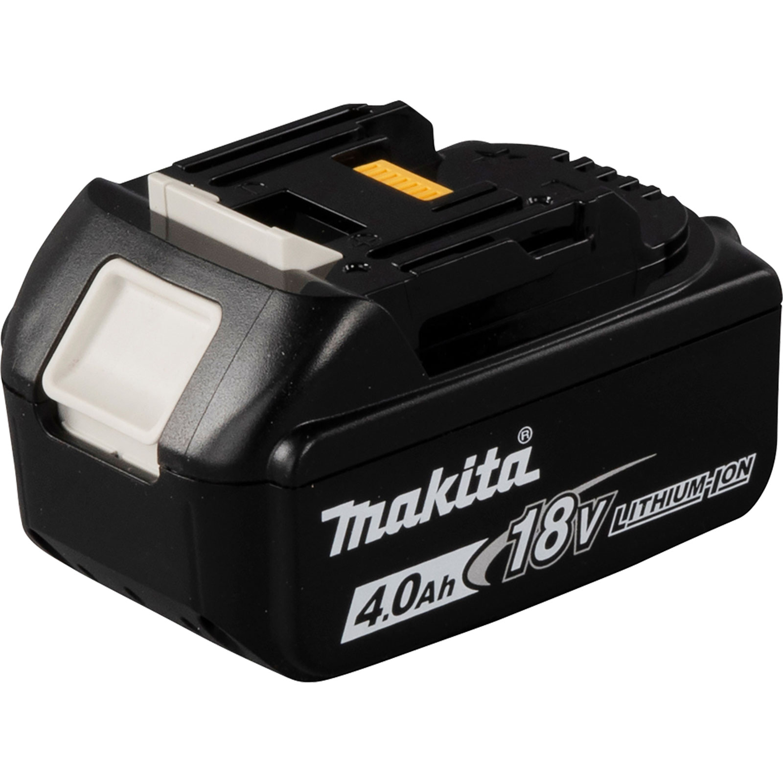 Ein schwarzer Makita 4.0Ah 18V Lithium-Ionen-Akkupack, abgebildet auf einem weißen Hintergrund.
