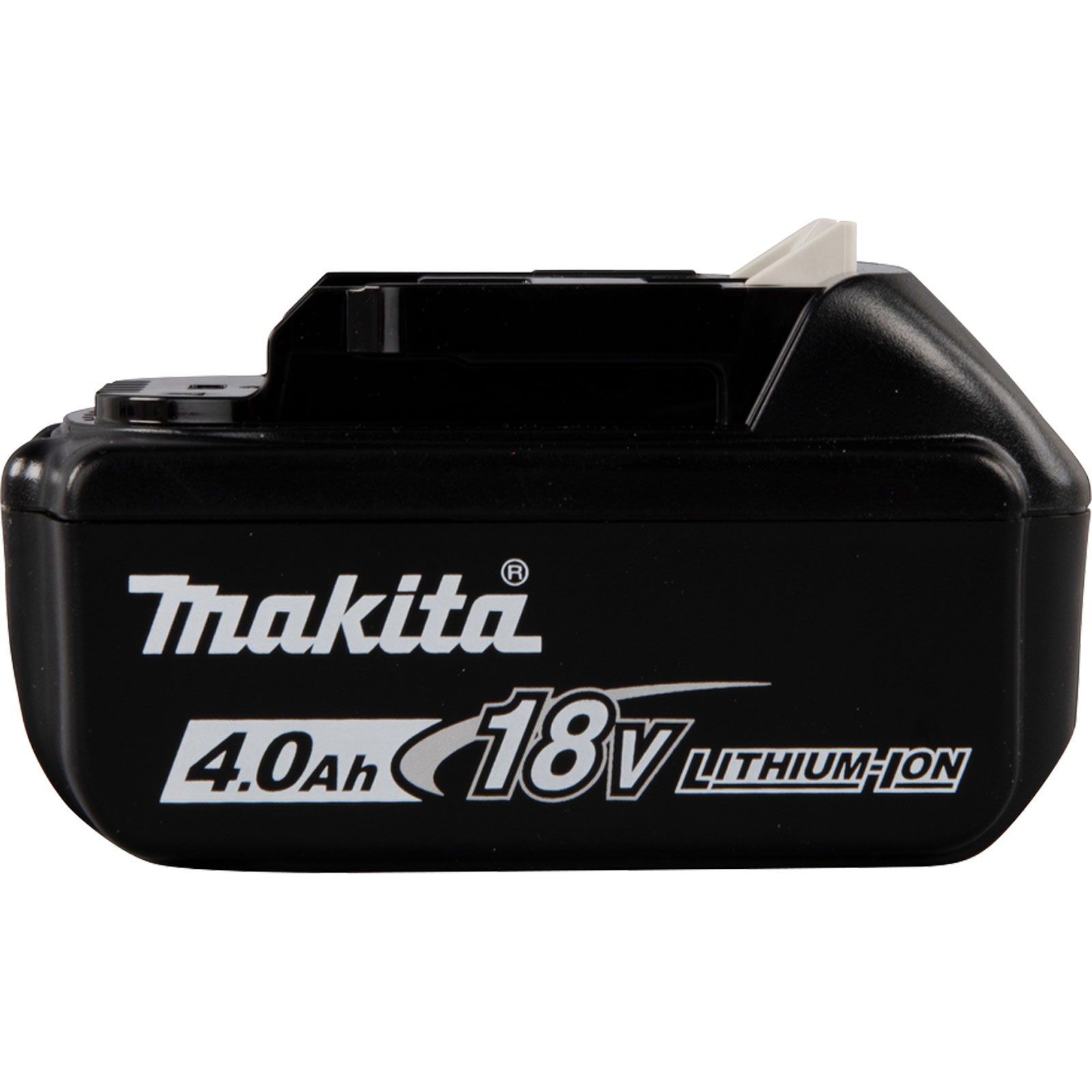 Ein schwarzer Makita 4.0Ah 18V Lithium-Ionen-Akkupack, abgebildet auf einem weißen Hintergrund.