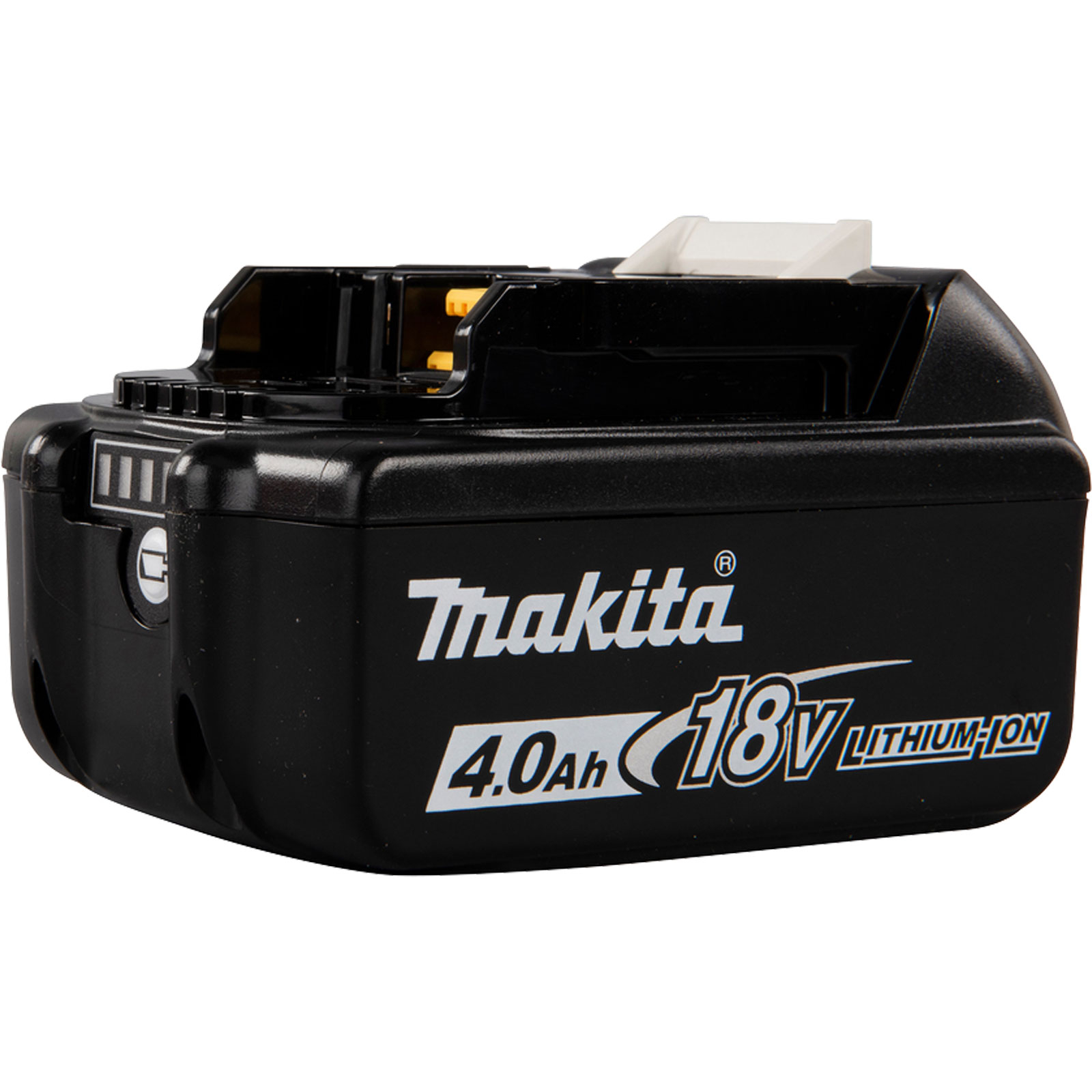 Ein schwarzer Makita 4.0Ah 18V Lithium-Ionen-Akkupack, abgebildet auf einem weißen Hintergrund.