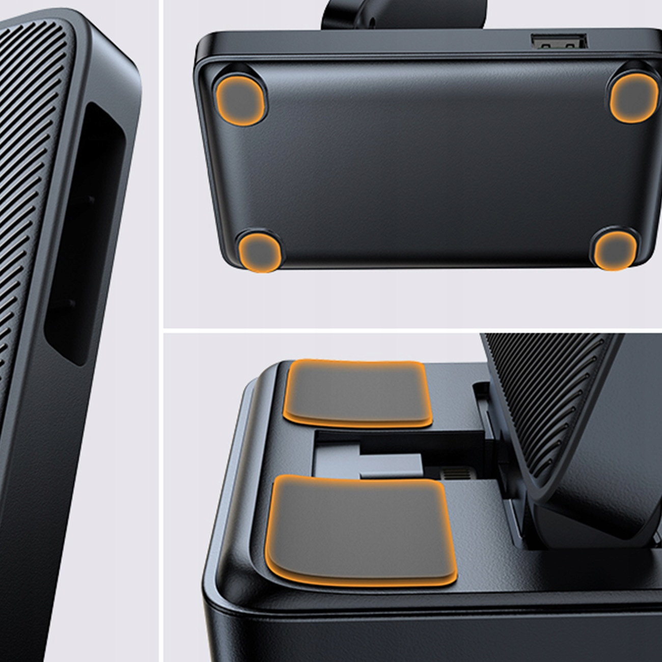 Zbliżenie czarnej stacji ładującej z teksturowanymi i gumowanymi detalami.