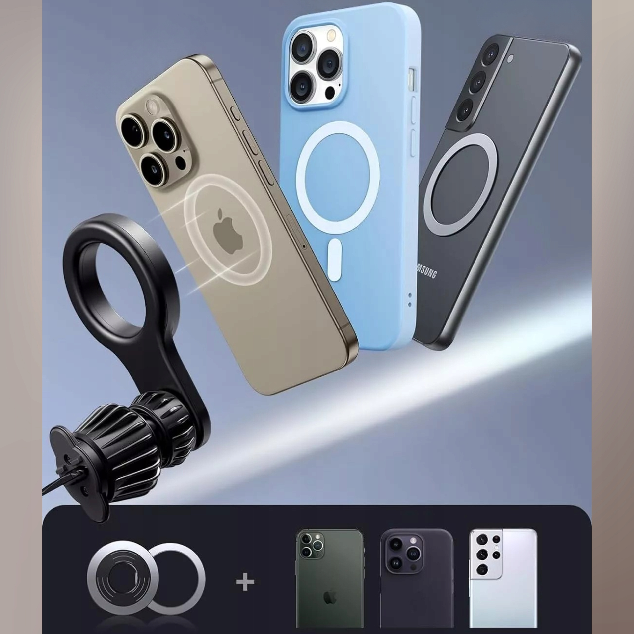 Trzy telefony z etui, wraz z uchwytem magnetycznym, prezentujące akcesoria mobilne.