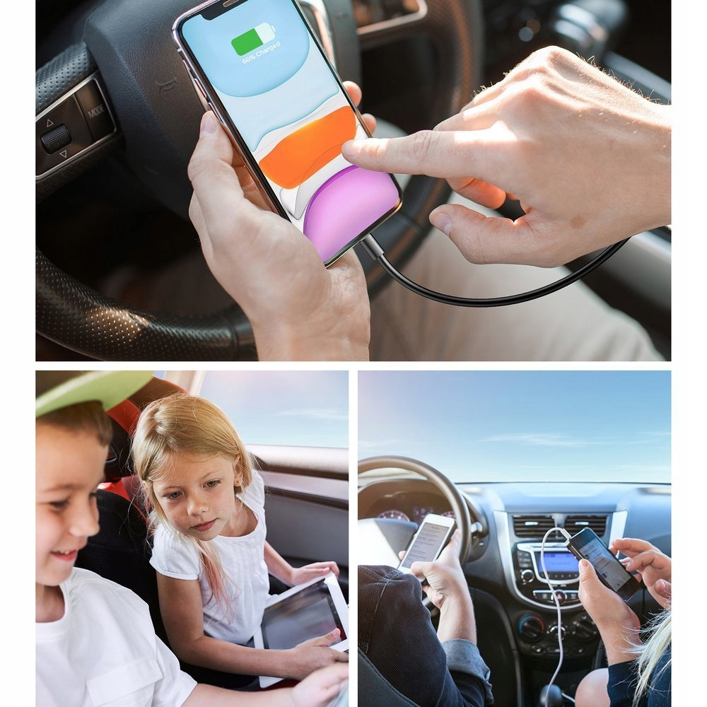 Ręka dotyka ładującego się telefonu w samochodzie, z dziećmi używającymi tabletu z tyłu i kierowcą z telefonem.