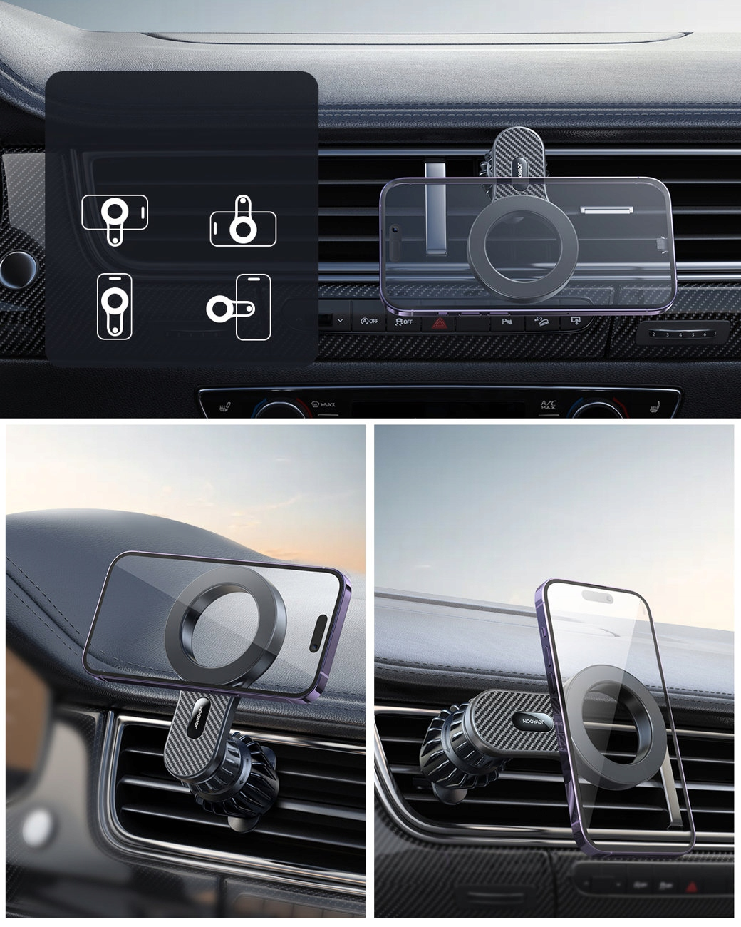 Uchwyt samochodowy na telefon przymocowany do deski rozdzielczej. Telefon jest trzymany siłą magnetyczną. Pokazano wiele pozycji.