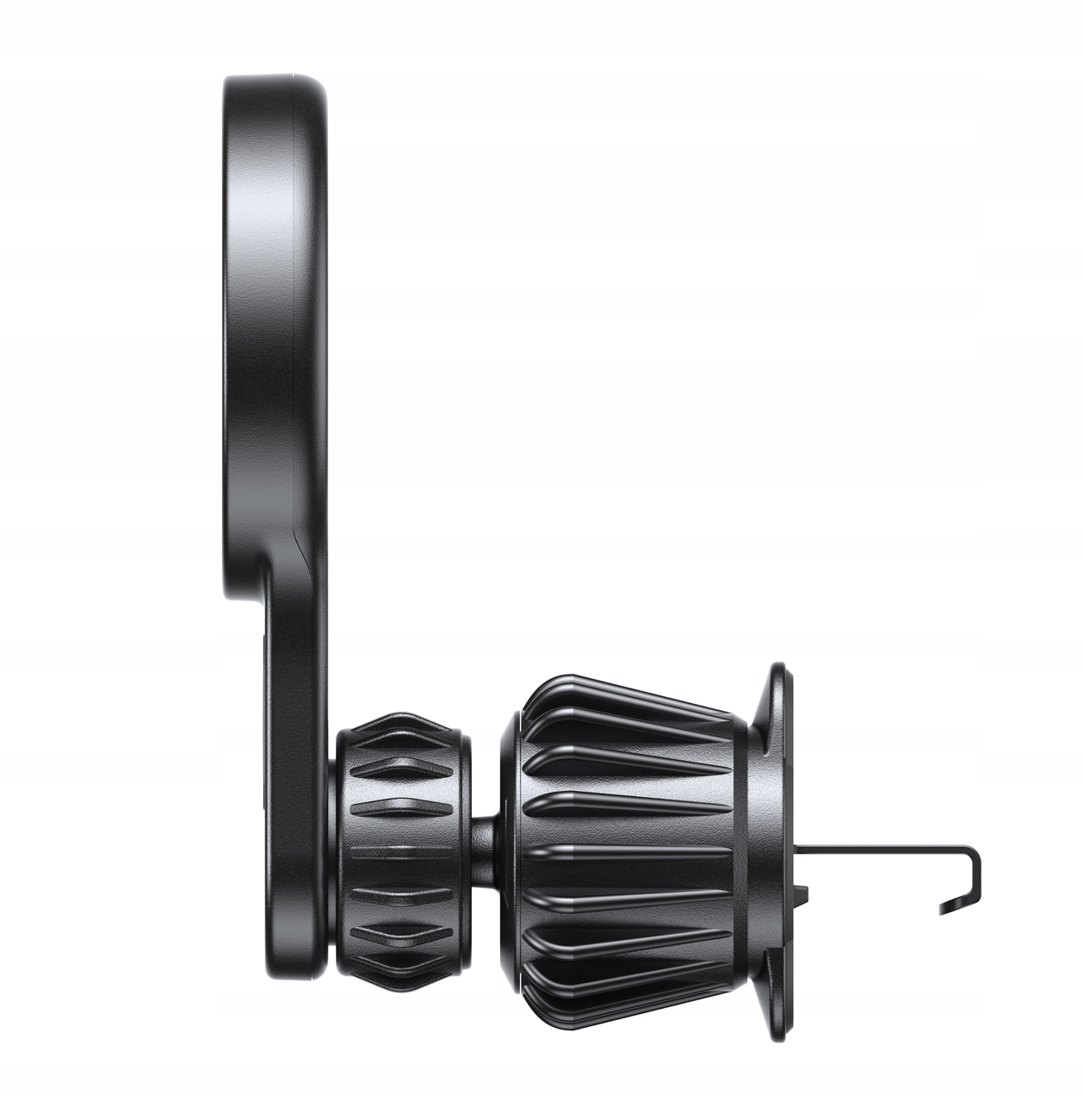 Widok z boku czarnego uchwytu samochodowego na telefon z regulowanymi częściami, na białym tle.