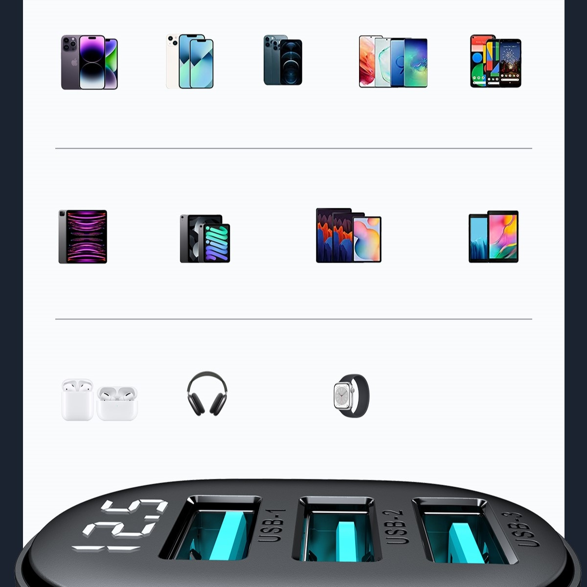 Czarna wieloportowa ładowarka USB jest wyświetlana z różnymi urządzeniami, które może ładować, w tym telefony, tablety i akcesoria.